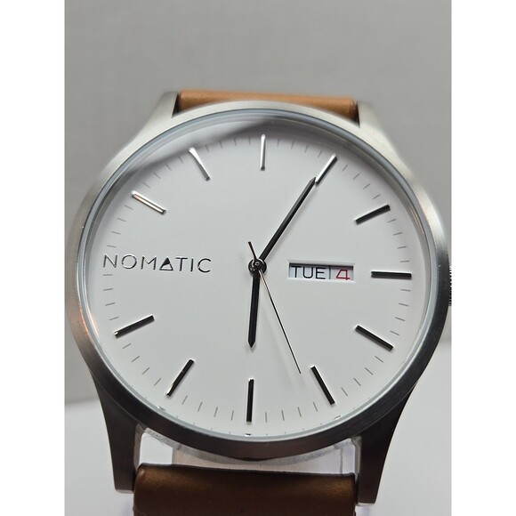 Nomatic Swiss Ronda Day Date Watch 45mm Stainless Brown Leather New Battery Mens - Picture 4 of 12